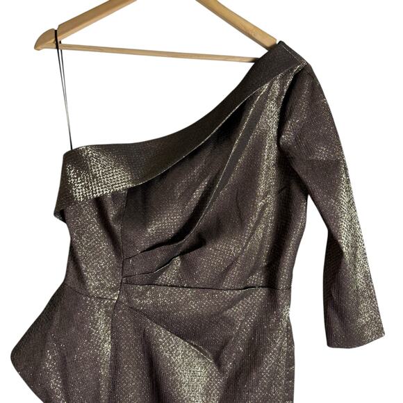 Rickie Freeman Teri Jon Bronze One Shoulder Jacquard Peplum Formal Gown 16 - Picture 5 of 13